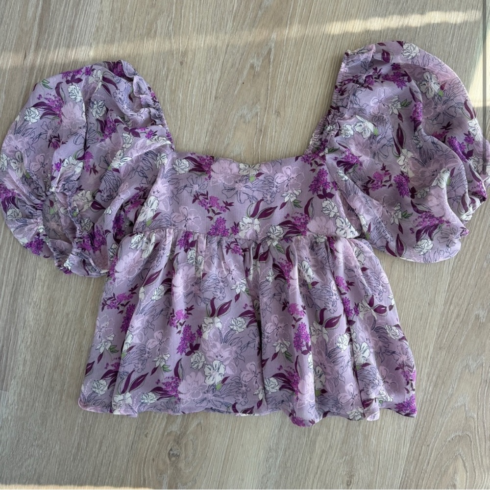 NWT Anthropologie En Saison Luciate Purple Floral Puff Sleeve Tie Back Top